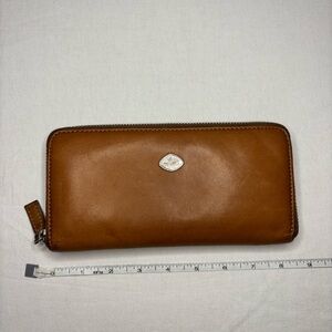 The Trend Genuine Leather Full Zip Wallet Cognac With Plaid Accent Classic Sleek